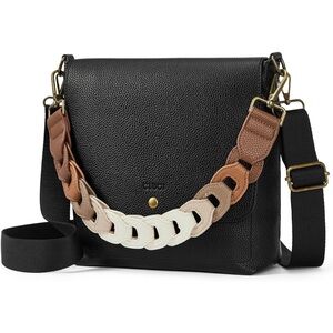 Black Leather Crossbody Bag with Multicolor Strap